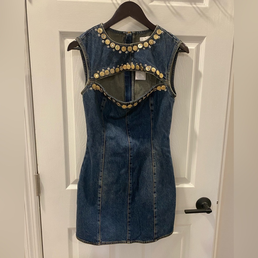 NWT AREA Dark Blue Denim Mini Dress with Gold Jewel Trim, US 6 - Picture 3 of 8